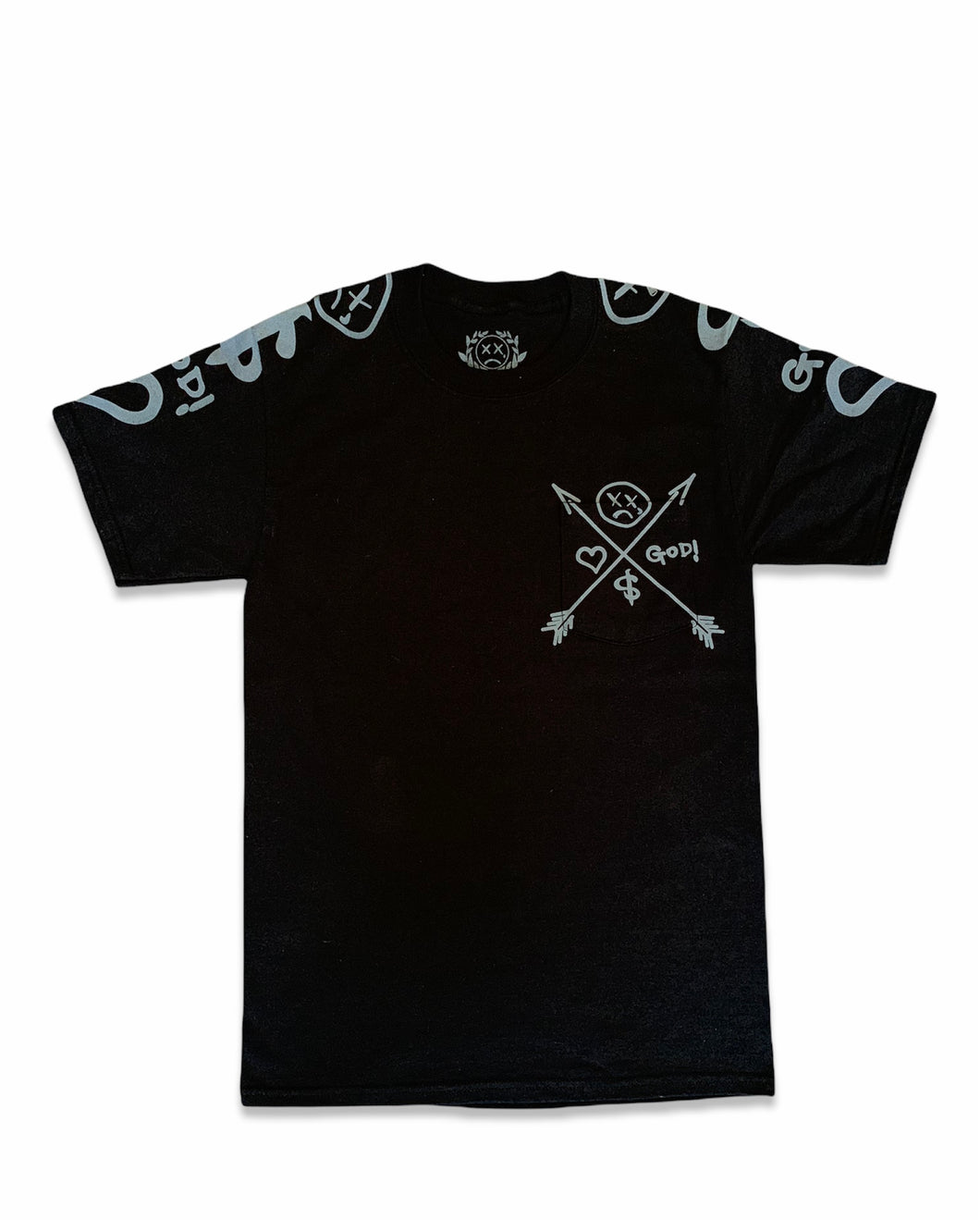 “Ugly Arrows” Black pocket T-shirt.